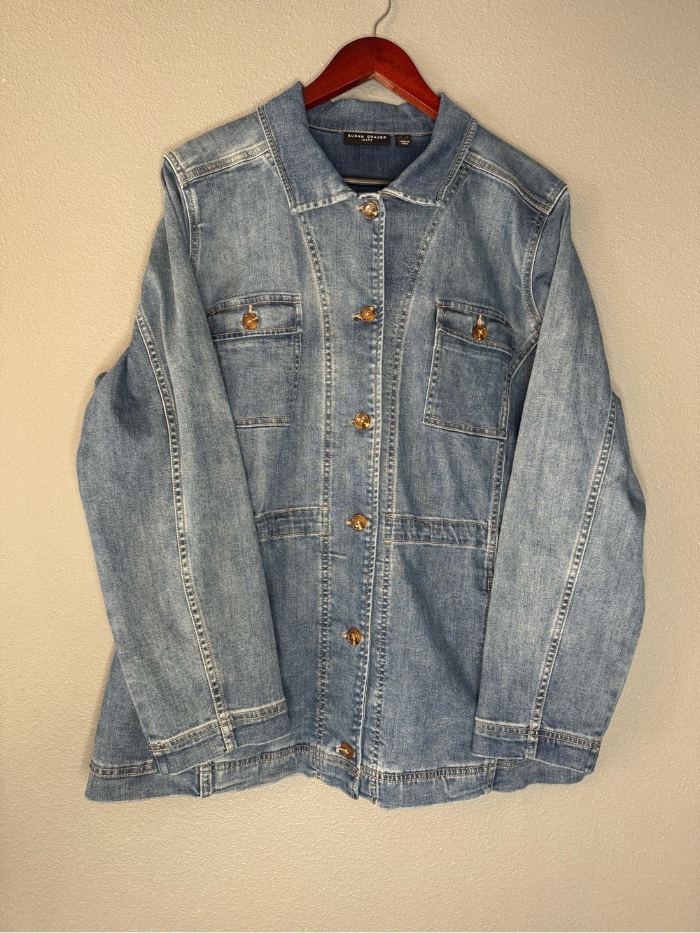 Susan Graver Jeans Denim Jacket Womens XL Light Wash Button Front Drawstring